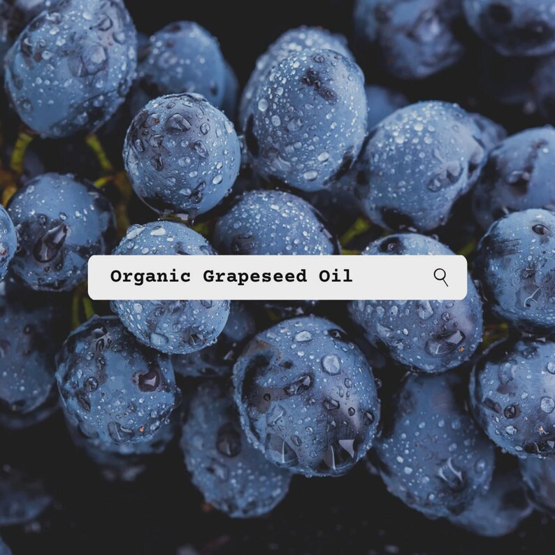 K&ouml;nnte beinhalten: Eine Traube aus dunkelvioletten Weintrauben, die mit kleinen Wassertropfen bedeckt ist. Ein wei&szlig;es rechteckiges Etikett liegt &uuml;ber der Mitte der Trauben und zeigt den schwarzen Text Organic Grapeseed Oil sowie ein kleines Lupensymbol.