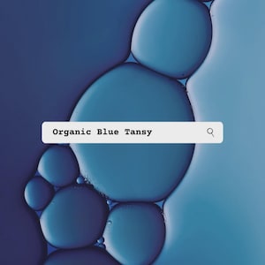 K&ouml;nnte beinhalten: Eine wei&szlig;e rechteckige Suchleiste mit dem Text Organic Blue Tansy und einem Lupensymbol, &uuml;berlagert auf einem Hintergrund aus abstrakten, sich &uuml;berlappenden kreisf&ouml;rmigen blauen und dunkelindigo-farbenen Fl&uuml;ssigkeitstropfen.