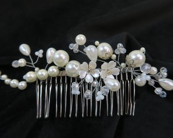 Pearly BRIDAL hair comb~handmade~wedding or prom hair accessory + glass pearls~mother of pearl flowers;  pin for up-do hairstyle; made in UK