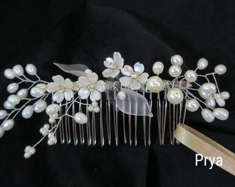 PROM hair comb, glass pearls, flowers and leaves; HANDMADE bridal hair accessory; hair jewellery, made in Warwickshire