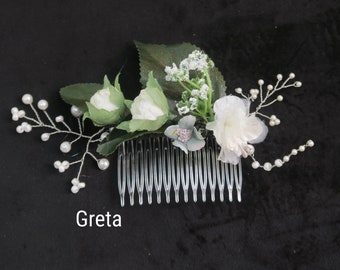 Handmade floral hair comb ~ PROM hair accessory ~ white rose buds, green leaves & pearls ~ bridesmaid gift ~ wedding hair piece