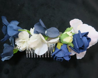 HANDMADE floral hair comb ~ navy and white silk flowers ~  bridesmaid gift ~  PROM hair piece ~ blue roses ~ UK made bridal ~ gift-box