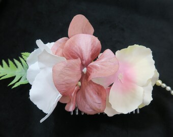 HANDMADE in UK blush pink floral hair comb ~ PROM, bridal/bridesmaid hair piece ~ pink & white silk flower hair accessory ~ flower-girl gift