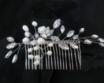 Freshwater pearls and rhinestones bridal hair comb. Handmade wedding or prom hair accessory, silver plated comb, made in Warwickshire