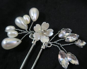 Unique bridal hair pin handmade + rhinestones and pearls / silver pin / bridesmaid or flower-girl gift / wedding day or PROM hair accessory