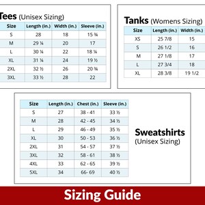 May include: Sizing guide for tees, tanks, and sweatshirts. The chart shows sizes and corresponding measurements in inches for length, width, chest, and sleeve.