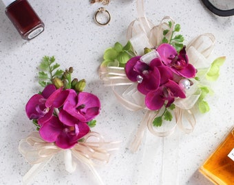 Magenta Orchid Corsage and Boutonniere Set — silk flower corsage with pin boutonniere // Homecoming / Prom / Wedding / Bridesmaids