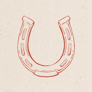 May include: A red horseshoe illustration on a cream-colored background. The horseshoe is a classic U-shape with visible nail holes and a textured appearance. The design has a vintage, hand-drawn aesthetic, suggesting a rustic or Western theme.