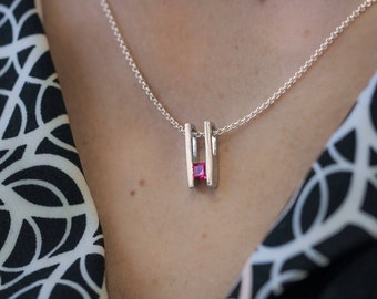 925 Sterling Silver; Birthstone Pendant; Modern; Minimalist; princess cut