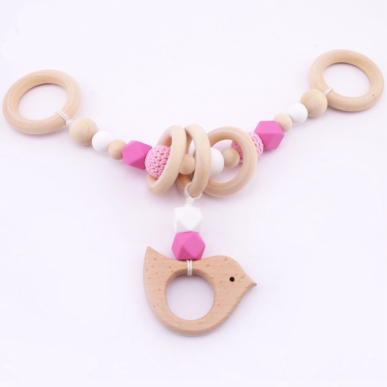 Wood Silicone Baby Toys Pram Garland Chain,Wooden Bird Silicone Beads Wooden Ring Stroller Montessori Toy