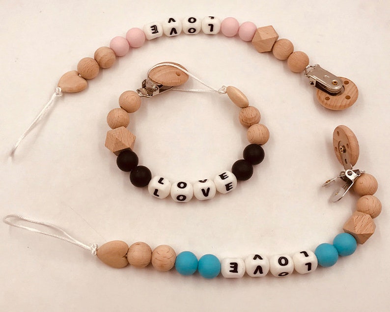 Silicone Wooden Beads Teething Personalized Baby Name Dummy Pacifier Chain Clips