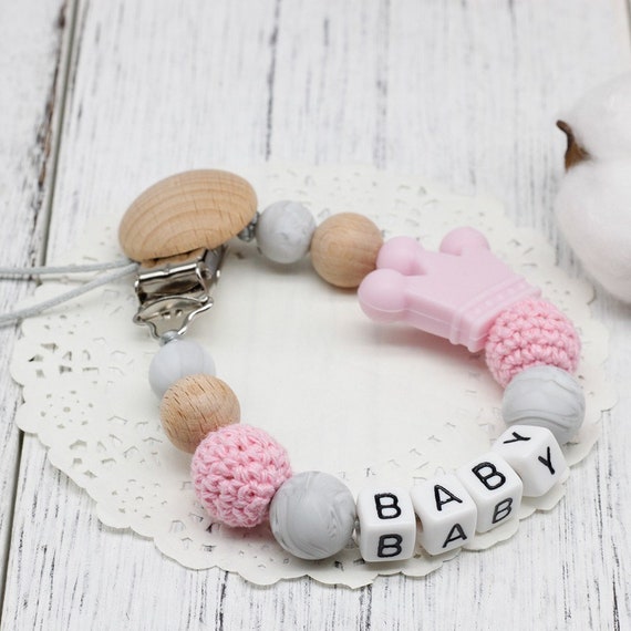 Cute Baby Personalized Wooden Bead Pacifier Soother Dummy Clip Holder 1pc ~ Girl