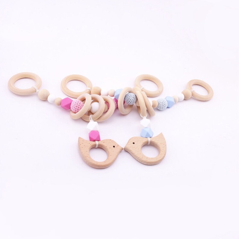 Wood Silicone Baby Toys Pram Garland Chain,Wooden Bird Silicone Beads Wooden Ring Stroller Montessori Toy