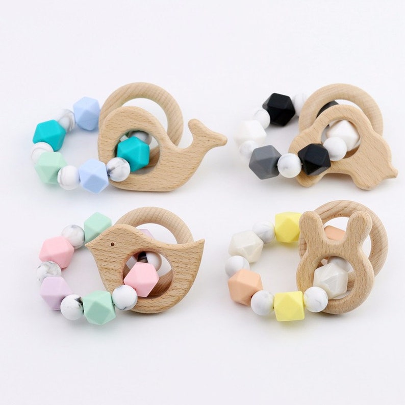 Natural Organic Wooden Rabbit Ear Teething Ring Wood Teether Baby Chewy Toy OO