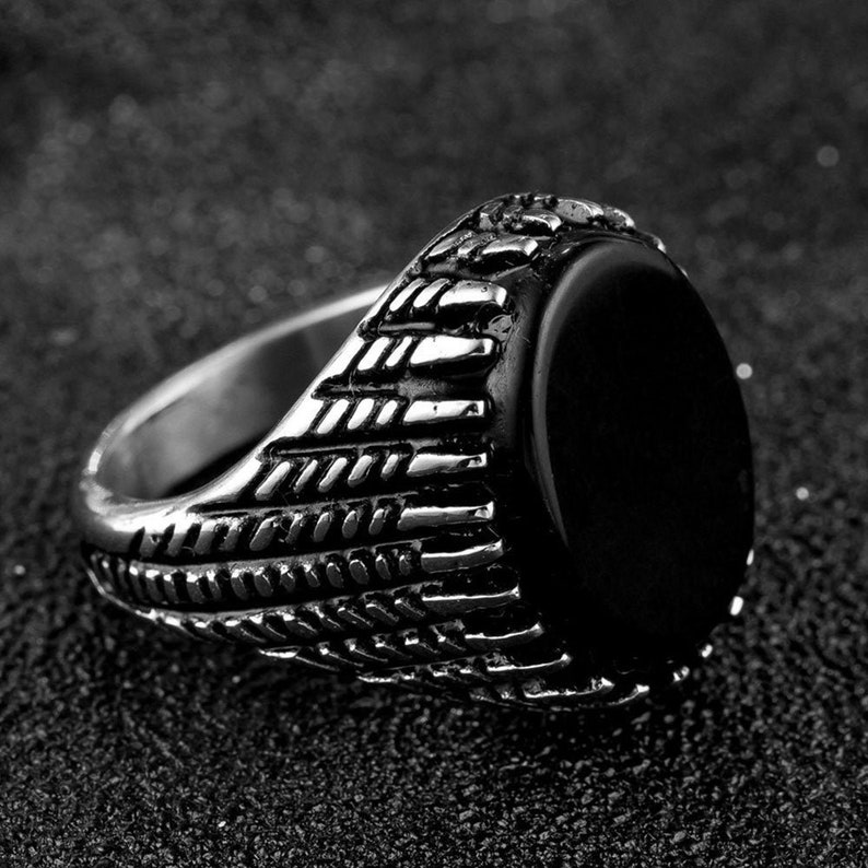 Black Agate Oval Flat stripes Ring. Stainless Steel Etsy