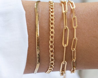 Bracelet en or, bracelet en plaqué or 14 carats, bracelet à superpositions d'or, bracelet rectangle en or, bracelet, bracelet chaîne en or, cadeau pour elle