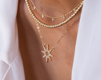 Gold North Star Necklace Dainty Starburst Necklace Celestial Jewelry Star and Moon Necklace Layering Necklaces For Woman Birthday Gift Her