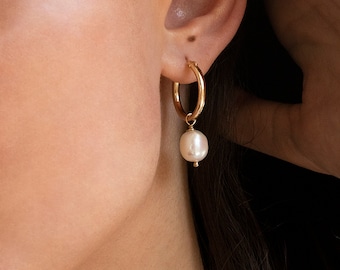 Pearl Earrings, Hoop Earrings, Bridal Pearl Jewelry, Freshwater Pearl, Pearl Jewelry,Baroque Pearl Hoop Earrings, Gift for Woman