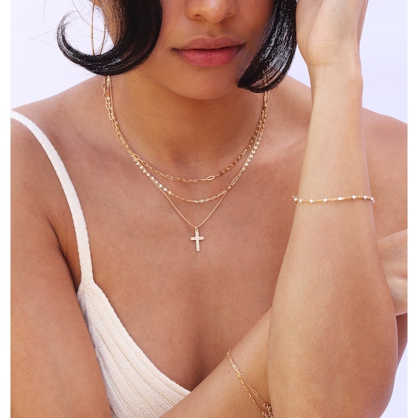 Gold Layered Necklace Set, Chain Necklace Set, 14karat Gold Filled Necklace, Dainty Necklace Woman, Dainty Cross Necklace, Gift For Her