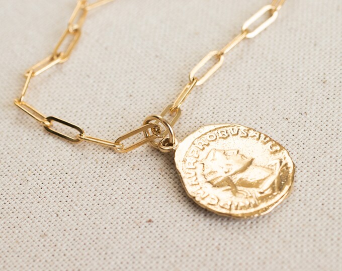 Ancient Coin Necklace, Gold Roman Coin Necklace, 14 Karat Gold Filled Rectangle Chain Necklace, Gold Coin Medallion Necklace, Gift for Her