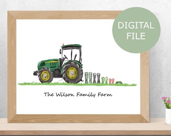 Green and Yellow Tractor Personalised Print, Downloadable file, Gift for Farmer, Farming gift, Tractor Gumboot Welly Print, Tractor on Grass