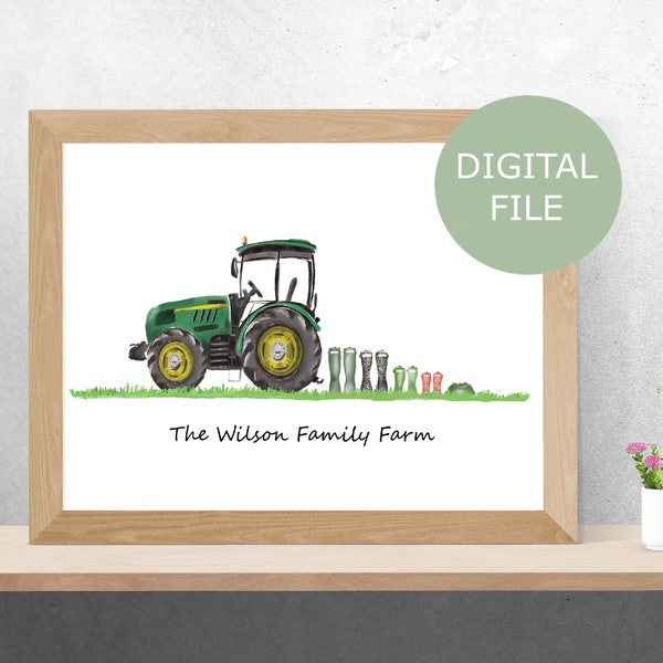 Impression personnalisée de tracteur vert et jaune, fichier téléchargeable, cadeau pour agriculteur, cadeau agricole, tracteur Gumboot Welly Print, tracteur sur herbe