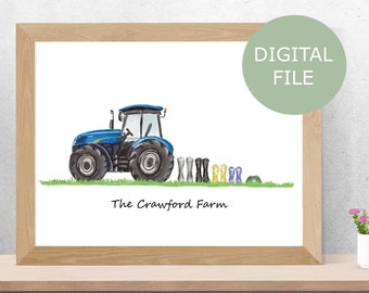 Spersonalizowany wydruk z rodziną traktorów: Sztuka ścienna w stylu wiejskim (do pobrania w wersji cyfrowej)