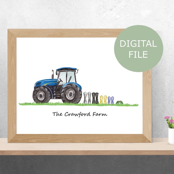 Cadeau agricole, impression personnalisée de famille de tracteur bleu, impression de tracteur de botte de gomme avec l'herbe, cadeau pour l'agriculteur, art de mur de ferme