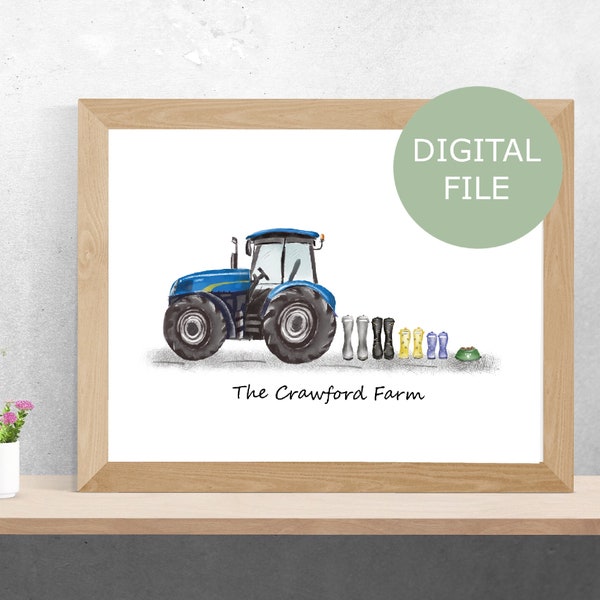 Cadeau d'agriculture, impression personnalisée de famille de tracteur bleu, impression de tracteur de botte de gomme, cadeau pour l'agriculteur, art de mur de ferme