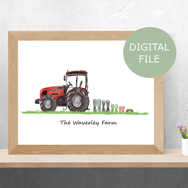 Cadeau agricole, impression personnalisée de famille de tracteur rouge, impression de tracteur de botte de gomme avec l'herbe, cadeau pour l'agriculteur, art de mur de ferme