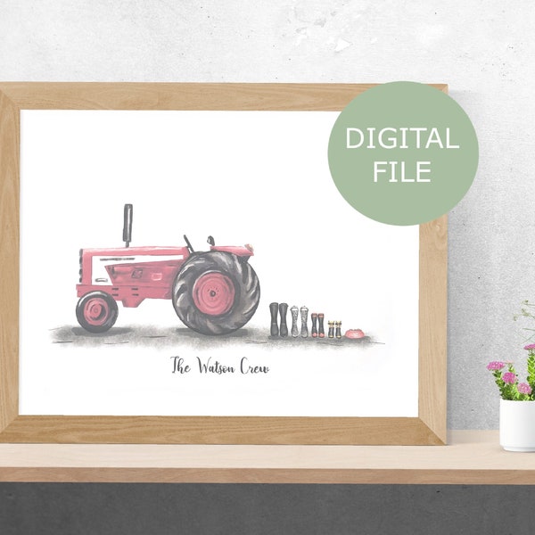 Digital File | Vintage Tractor Gumboot Family Print | Vintage  Tractor Welly Print | Gift for Farmer | Gift for Dad