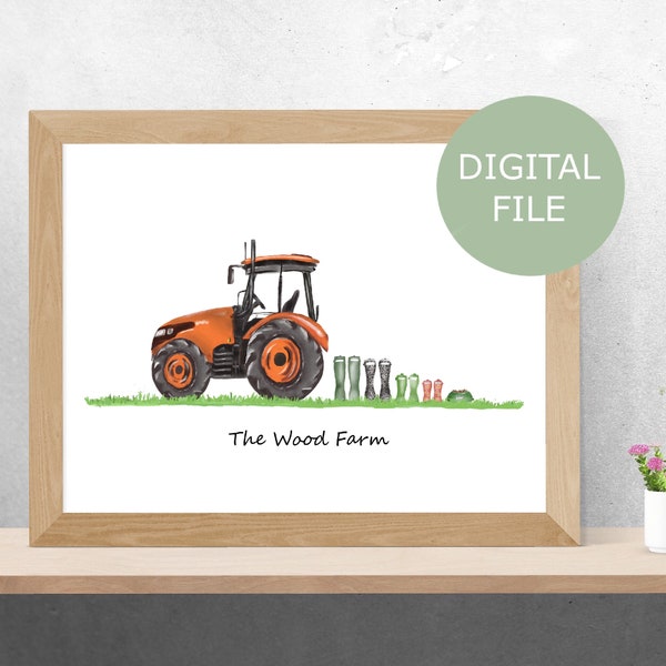 Impression familiale personnalisée de tracteur orange, fichier téléchargeable, cadeau pour agriculteur, cadeau agricole, tracteur Gumboot Welly Print, tracteur sur herbe