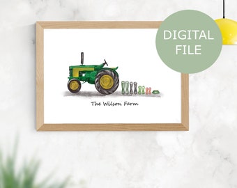 Personalised Green Vintage Tractor Gumboot Print, Farming Gift, Family Tractor Print, Farmhouse Gift, Digital File, Print at home
