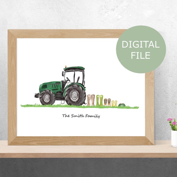 Impression familiale personnalisée de tracteur vert, fichier téléchargeable, cadeau pour agriculteur, cadeau agricole, tracteur Gumboot Welly Print, tracteur sur herbe