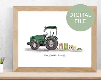 Spersonalizowany nadruk z rodzinką traktorów, prezent rolniczy, wzór kaloszy (do pobrania w wersji cyfrowej)