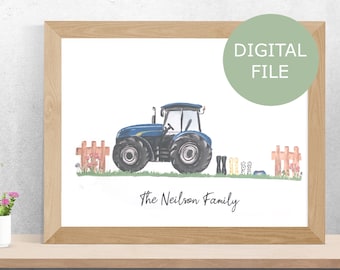 Personalised Blue Tractor Family Print, Gumboot Family Print, Farming gift, Gift for Farmer, Printable file