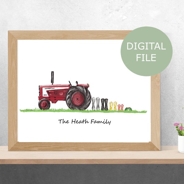 vintage Red Tractor Gumboot Family Print | Tracteur Welly Print | Cadeau pour agriculteur | Cadeau agricole | Tracteur avec de l'herbe | Fichier téléchargeable