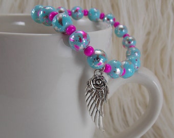 Pink blue stretch bracelet beaded bracelet angel wing bracelet charm bracelet czech beads bracelet pink bracelet blue bracelet