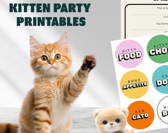 May include: Printable kitten party decorations, including a certificate of adoption, a kitty check-up form, and stickers with phrases like "Kitty Food" and "Cat Dogs".