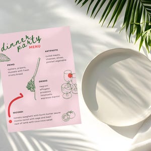 Menu italien rose (téléchargement numérique du modèle) instantané ~ Dîner de fiançailles de mariage événement Amalfi Italie ENTIÈREMENT MODIFIABLE