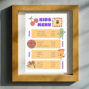 Menu divertente per bambini (modello da scaricare in formato digitale) Instant ~ Cena Festa Bar Ristorante COMPLETAMENTE MODIFICABILE Verdure con occhi pizza pasta hamburger