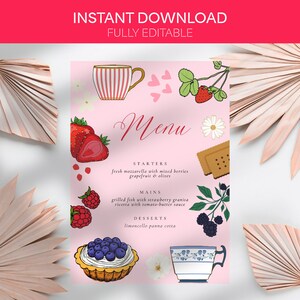 Beere Nachmittagstee Menü (Vorlage Digitaler Download) Instant Menü Mahlzeit Unterhaltsam voll editierbar Babyparty Kuchen Erdbeere Himbeere