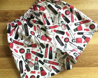 Lipstick and Makeup Flannel Pajama Shorts. Available in sizes XS_XXL