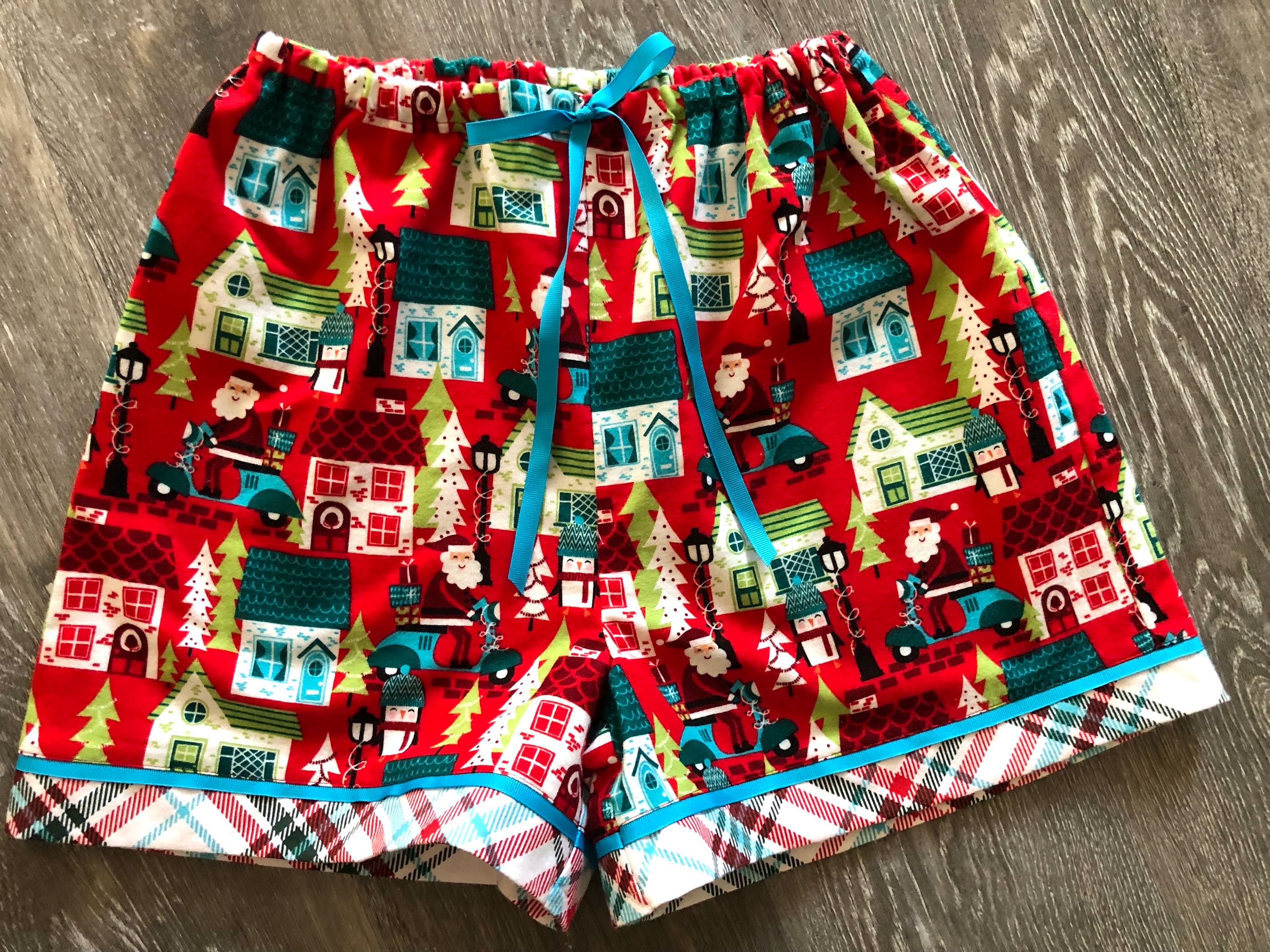 Santa on a Scooter Christmas Flannel Pajama Shorts With Contrast