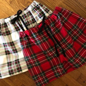 Christmas Red and Cream Traditional Tartan Plaid Flannel Pajama Shorts, Holiday shorts, Beach vacation shorts. Available in Sizes XS-XXL