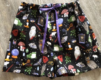Wizard Flannel Pajama Shorts with adjustable waist. Available in sizes XS_XXL
