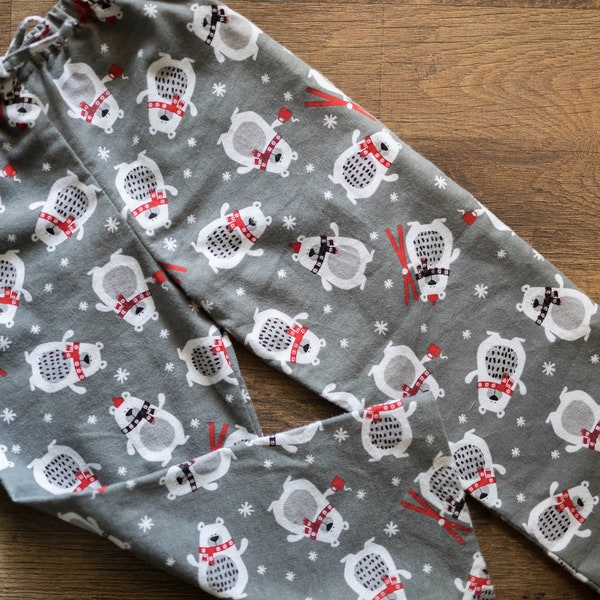 Skiing Polar Bear Flannel Pajama Pants, Matching Family pajamas, Lounge Pants, Sleep Bottoms