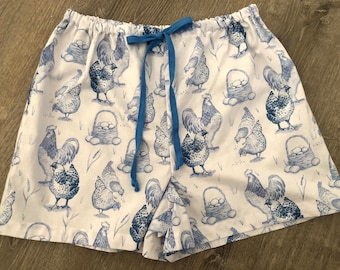 Cotton Blue and White Rooster, Chicken pajama shorts- beach shorts, pajama shorts, pj shorts,available in sizes XS-XXL with adjustable waist