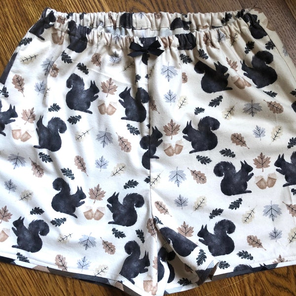 Fall Squirrel Flannel Pajama shorts, pjs, pajama pants, dorm shorts, sleep bottoms,  Pj's