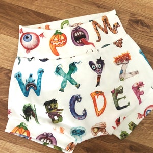 Halloween Monster Alphabet High Waisted Bummies, Organic Diaper Cover, Baby Bloomers,GOT&#39;s Bummies, Shorties, Baby/Toddler Shorts, Halloween